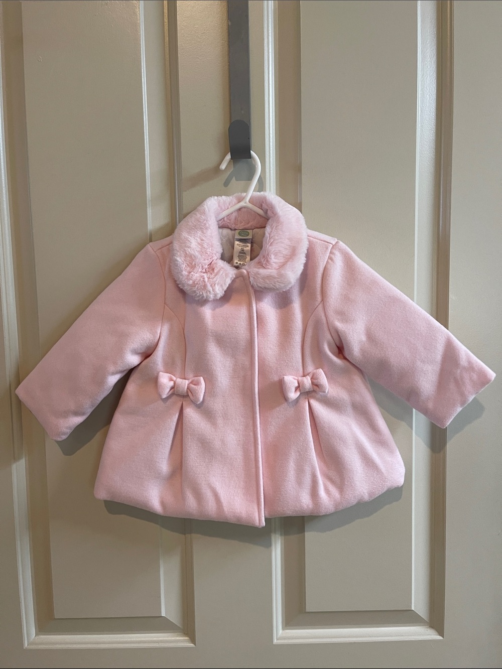 Little Me Pale Pink Faux Fur Collar Pea Coat with Bows - Picture 5 of 7